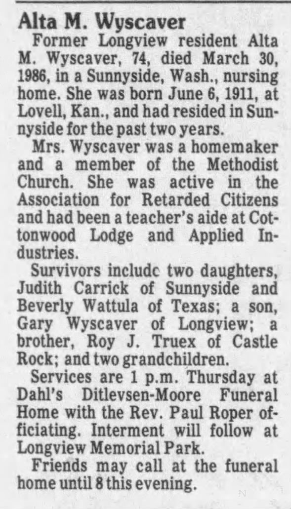 Obituary for Alta M. Wyscaver, 1911-1986 (Aged 74)